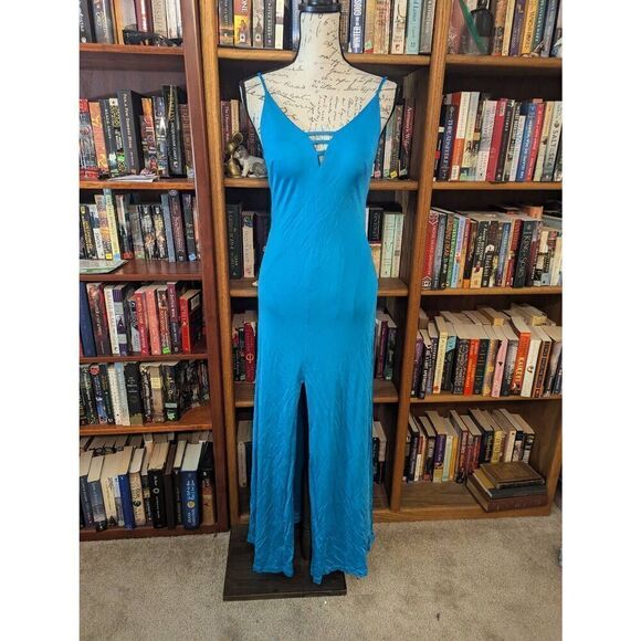 Aidan mattox blue knit maxi dress deep v low back sz 4 - Picture 2 of 6